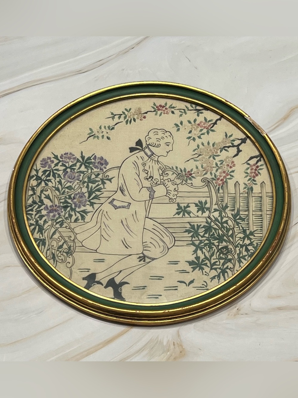 Vintage Victorian Gentleman Garden Textile Wall Art Round Framed Floral Cottage